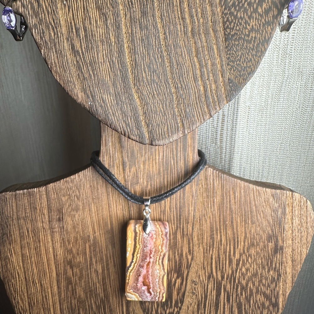Crazy Lace Agate Rectangle Pendant Necklace on Black Rope - Picture 2 of 15